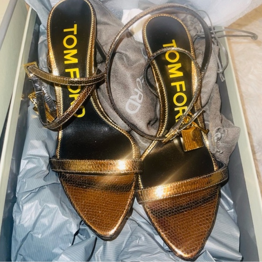 TOM FORD
Metallic Lizard-Print Lock High-Heel Sandals 105mm